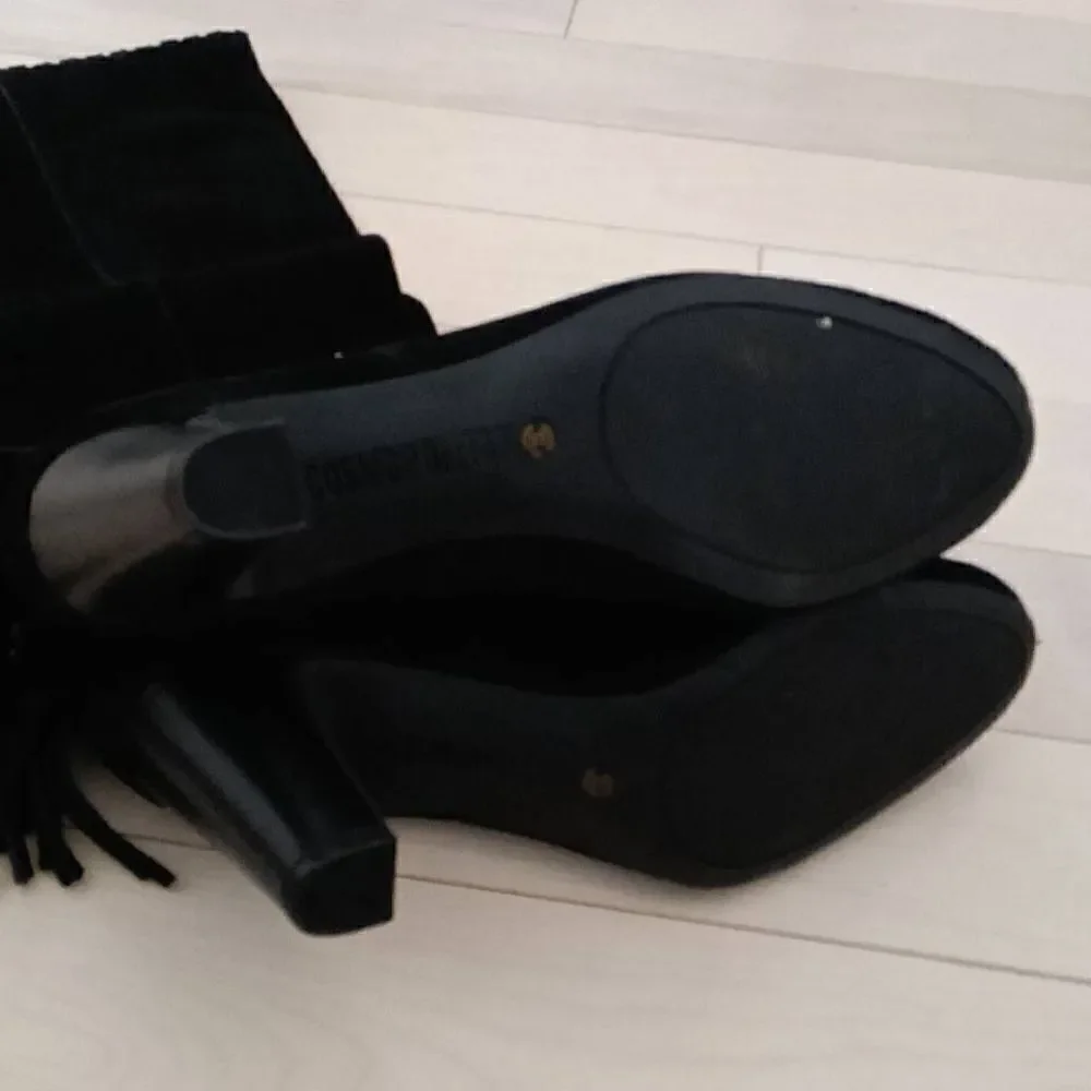 Cosmopolitan Women's Black Suede Wide Calf Fringe Stacked Heel Boots Size 8.5